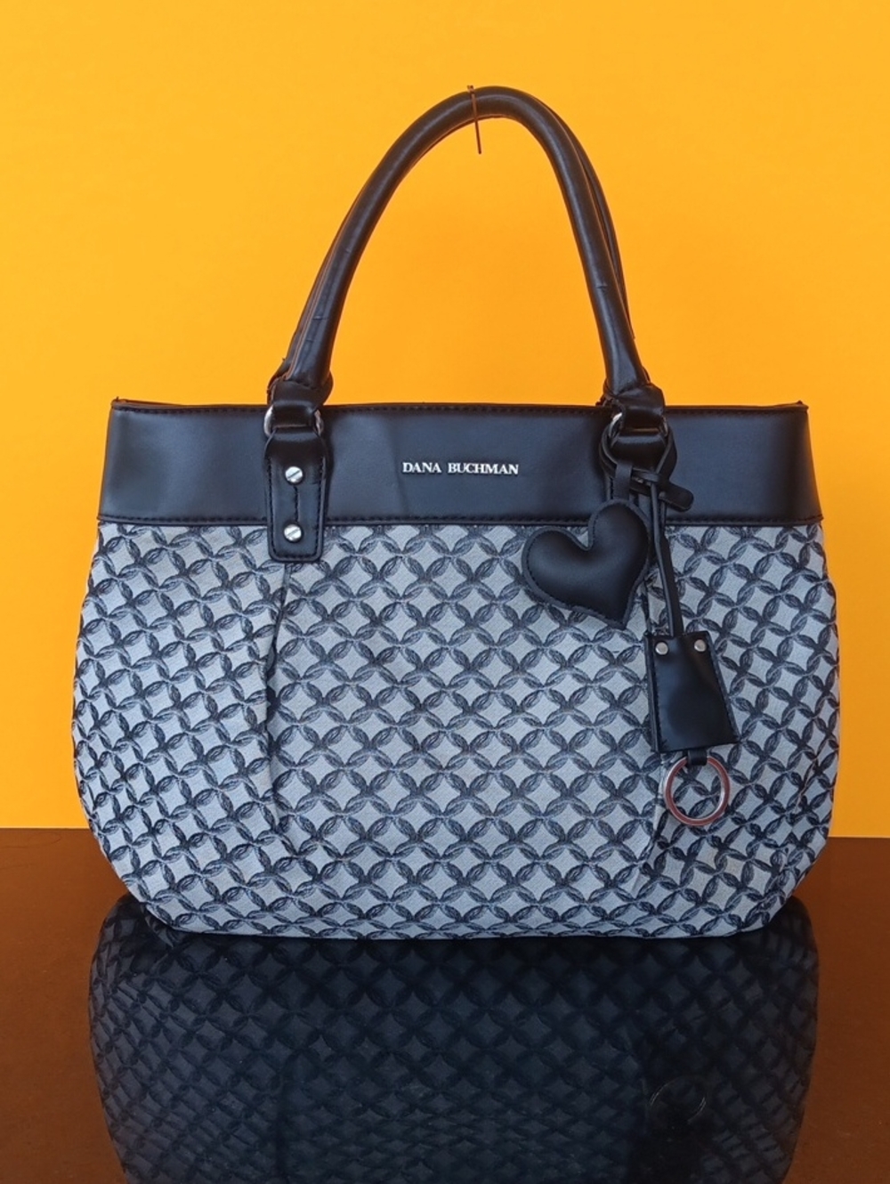 Dana Buchman Black and Gray Patterned Tote with Heart Charm Size16+9.5+5.5